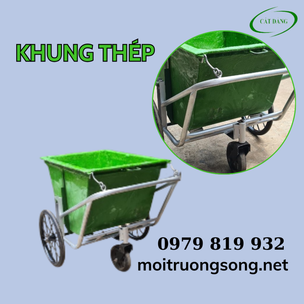 Xe gom rác composite 400l khung thép bánh xe đúc giá rẻ