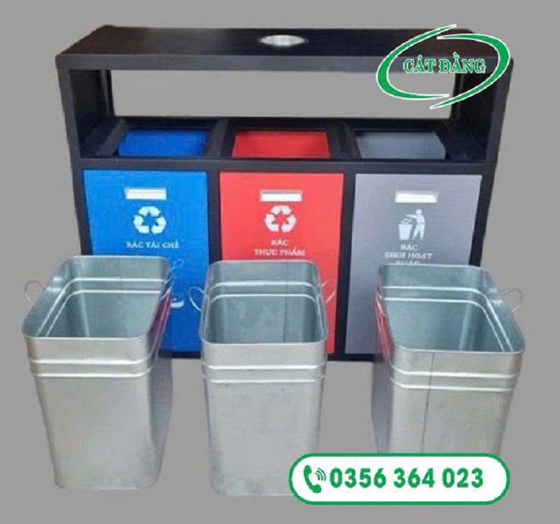 Thùng rác thép 3 ngăn có gạt tàn
